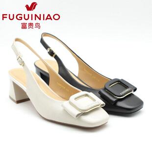 优雅羊皮粗跟包头女凉鞋 富贵鸟女鞋 时尚 新款 K400331K 2024夏季