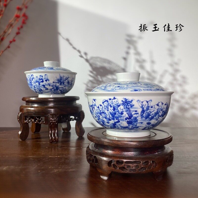 振玉佳珍|青花童子百子婴戏图瓷器大福盖碗 口径15高度11容量500