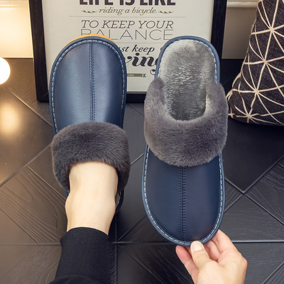 头层牛皮居家棉拖鞋防滑