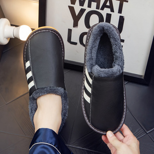 大牌冬季 男女情侣防滑加厚软底 牛皮加绒包脚带后跟居家保暖棉拖鞋