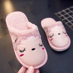 牛皮男女大中小儿童冬季小孩一家三口亲子居家卡通防滑真皮棉拖鞋