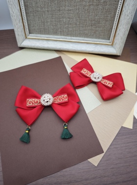 原创设计新中式国风红色蝴蝶结发夹头饰女儿童汉服流苏过年发卡