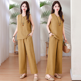 夏季 女松紧九分妈妈套装 阔腿薄款 宽松显瘦裤 高腰 棉麻休闲裙裤 新款