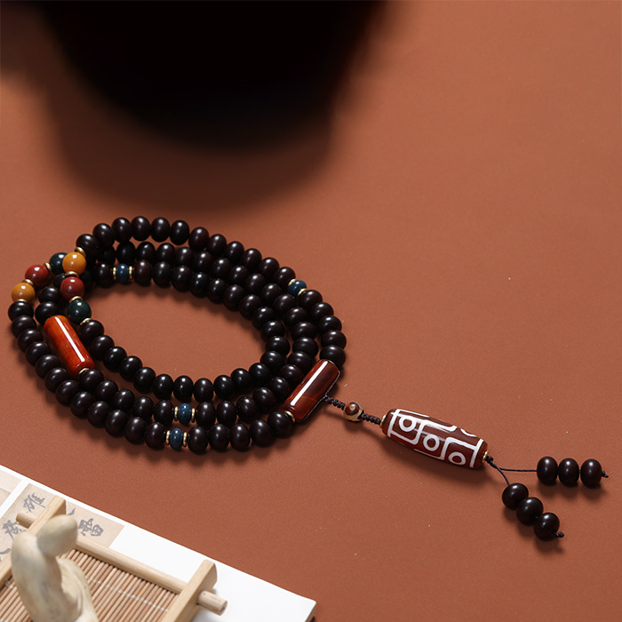 墨玉菩提佛珠项链文玩手串配天然黑红玛瑙九眼天珠阿拉善红绿灯