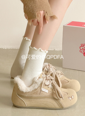 可爱的你保暖加绒德训鞋子女2025新款爆款冬季复古厚底板鞋二棉鞋