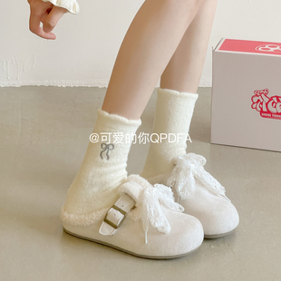 可爱的你毛毛勃肯半拖鞋女秋冬外穿一脚蹬女鞋保暖加绒厚底穆勒鞋