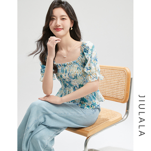 新款 女2024夏季 韩版 设计感时尚 上衣 碎花泡泡短袖 短款 方领雪纺衫