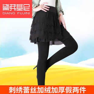 秋冬假两件打底裤女裙加绒加厚带裙子打底裤蕾丝裙裤连裙子踩脚裤