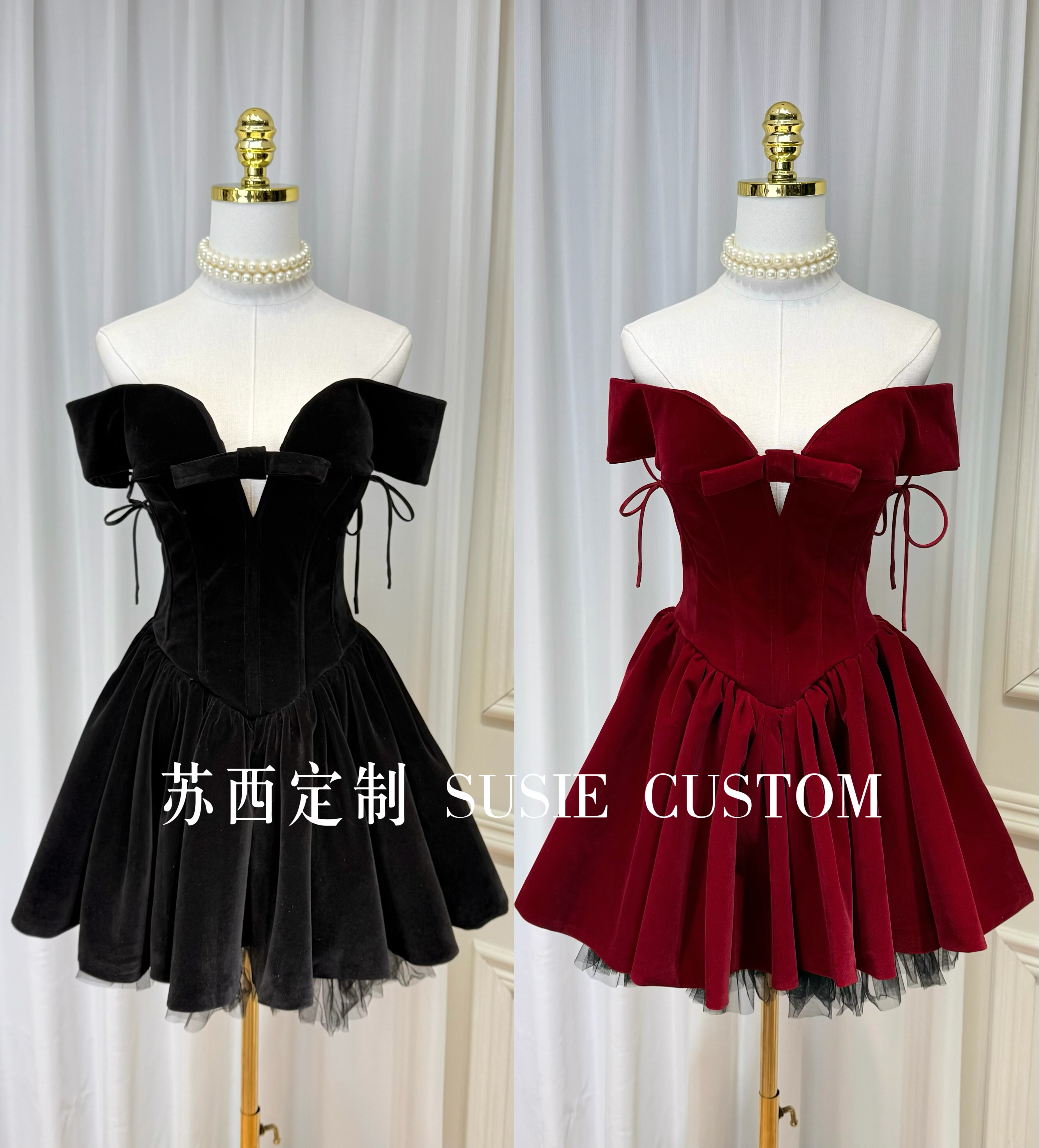 高定法式复古一字肩蝴蝶结深V领胸垫鱼骨丝绒蓬蓬网纱生日礼服裙