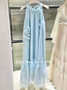 法式茶歇海边新疆川西旅游度假挂脖无袖立体手工缝花绑带A摆长裙