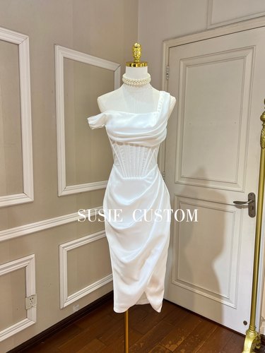 高定制气质设计款不规则斜肩露肩抹胸鱼骨修身褶皱开叉缎面礼服裙