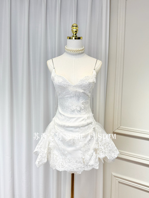 高定纯欲显身材V领金属链条刺绣蝴蝶花朵收腰A摆吊带短裙配短裤