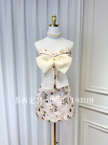 高定设计款翻边抹胸立体大蝴蝶印花修身包臀初恋甜妹生日礼服裙