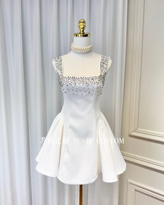 高定轻奢重工水钻串珠方领背心吊带绑带收腰A摆蓬蓬连衣裙礼服裙