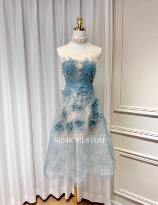 小众设计款微透网纱拼亮片立体蕾丝花朵收腰A字裙摆中长连衣裙