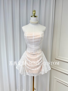 高定设计款 气质蕾丝网纱剪裁抹胸鱼骨收腰开叉生日礼服连衣裙 法式