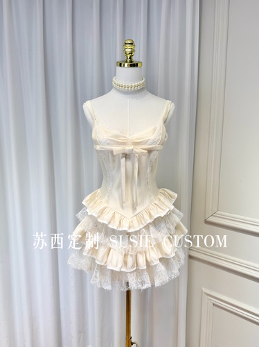高定小众设计公主款蝴蝶结荷叶边蕾丝蛋糕收腰蓬蓬裙生日礼服裙
