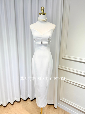 高定设计款气质名媛显身材V领立体胸型鱼骨收腰包臀开叉抹胸长裙