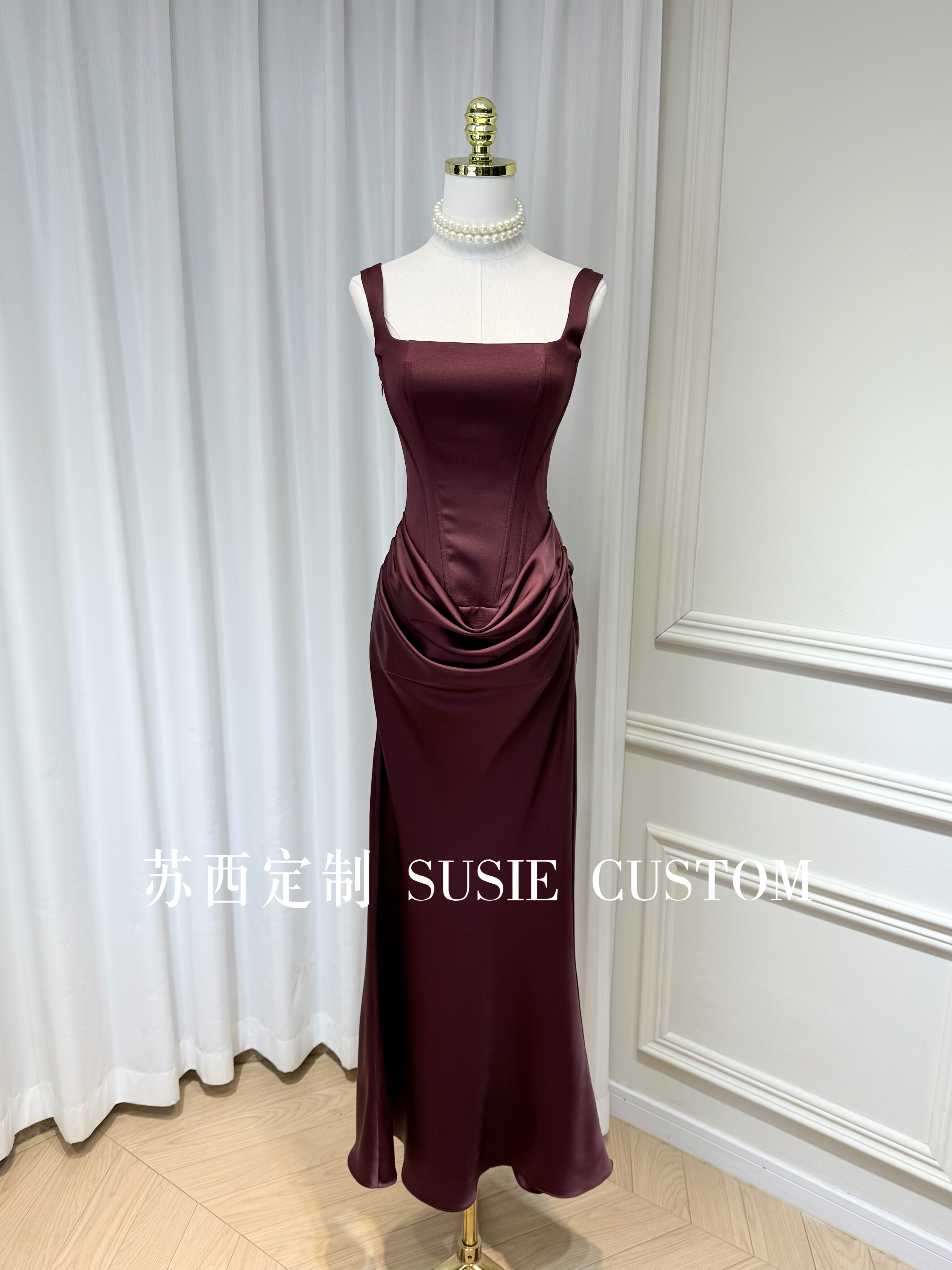 高定设计款纯欲显身材鱼骨修身拼褶皱包臀缎面鱼尾长裙生日礼服裙