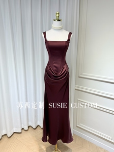 高定设计款纯欲显身材鱼骨修身拼褶皱包臀缎面鱼尾长裙生日礼服裙