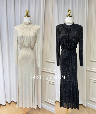 高定轻奢重工满钻烫钻小高领垫肩弹力软纱收腰包臀鱼尾长裙礼服裙