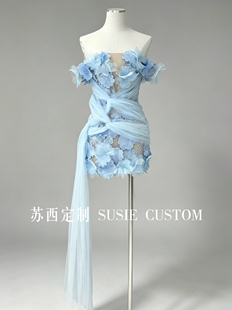 高定小众一字肩露肩立体刺绣花朵纽结网纱飘带包臀短裙生日礼服裙