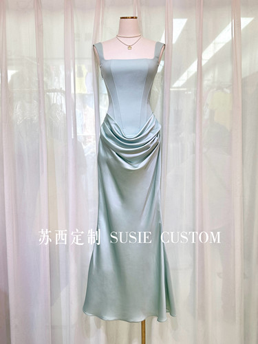 高定设计款纯欲显身材鱼骨修身拼褶皱包臀缎面鱼尾长裙生日礼服裙