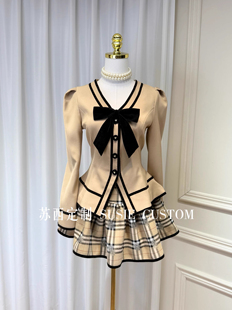 高定法式复古学院风泡泡袖撞色蝴蝶结外套上衣高腰格子蓬蓬短裙裤