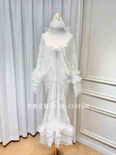 高定唯美法式仙女蕾丝花边头纱帽V领蝙蝠款串珠木耳边长裙轻婚纱