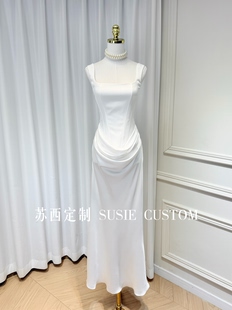 高定设计款 拼褶皱包臀缎面鱼尾长裙生日礼服裙 纯欲显身材鱼骨修身