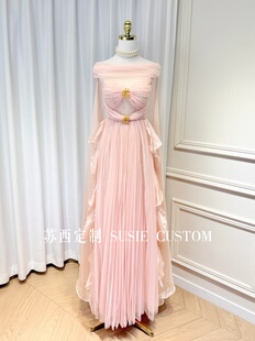 高定仙女一字肩网纱胸垫褶皱蝴蝶形抹胸胸针百褶大摆披肩拖地长裙