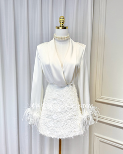 定制显气质V领垫肩翻领羽毛袖口缎面衬衫上衣高腰亮片毛毛半身裙