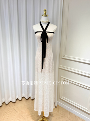 小众设计款挂脖绑带露背抹胸弹力针织网线修身A摆长裙度假礼服裙