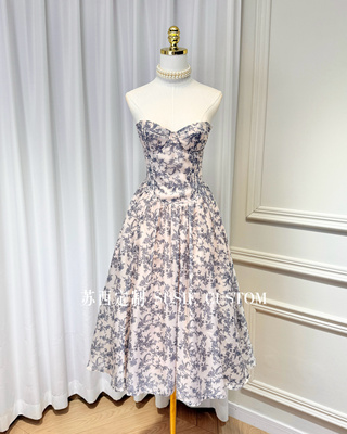 高定制法式复古印花立体胸型高腰收腰带裙撑纱大摆蓬蓬裙抹胸长裙