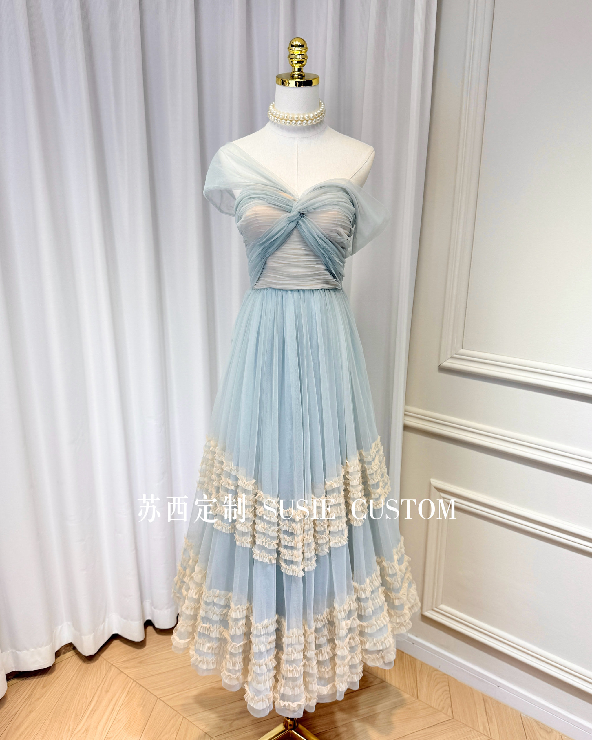 高定设计款气质多种穿法纽结网纱收腰木耳边大摆长裙礼服裙生日裙