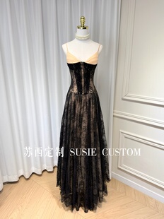 高定越南小众设计V领带胸垫撞色蕾丝亮片收腰大摆拖地长裙礼服裙