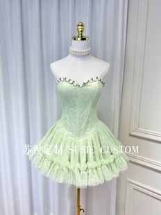 高定越南小众设计绿野仙踪花朵鱼骨抹胸收腰蓬蓬裙摆蕾丝小礼服裙