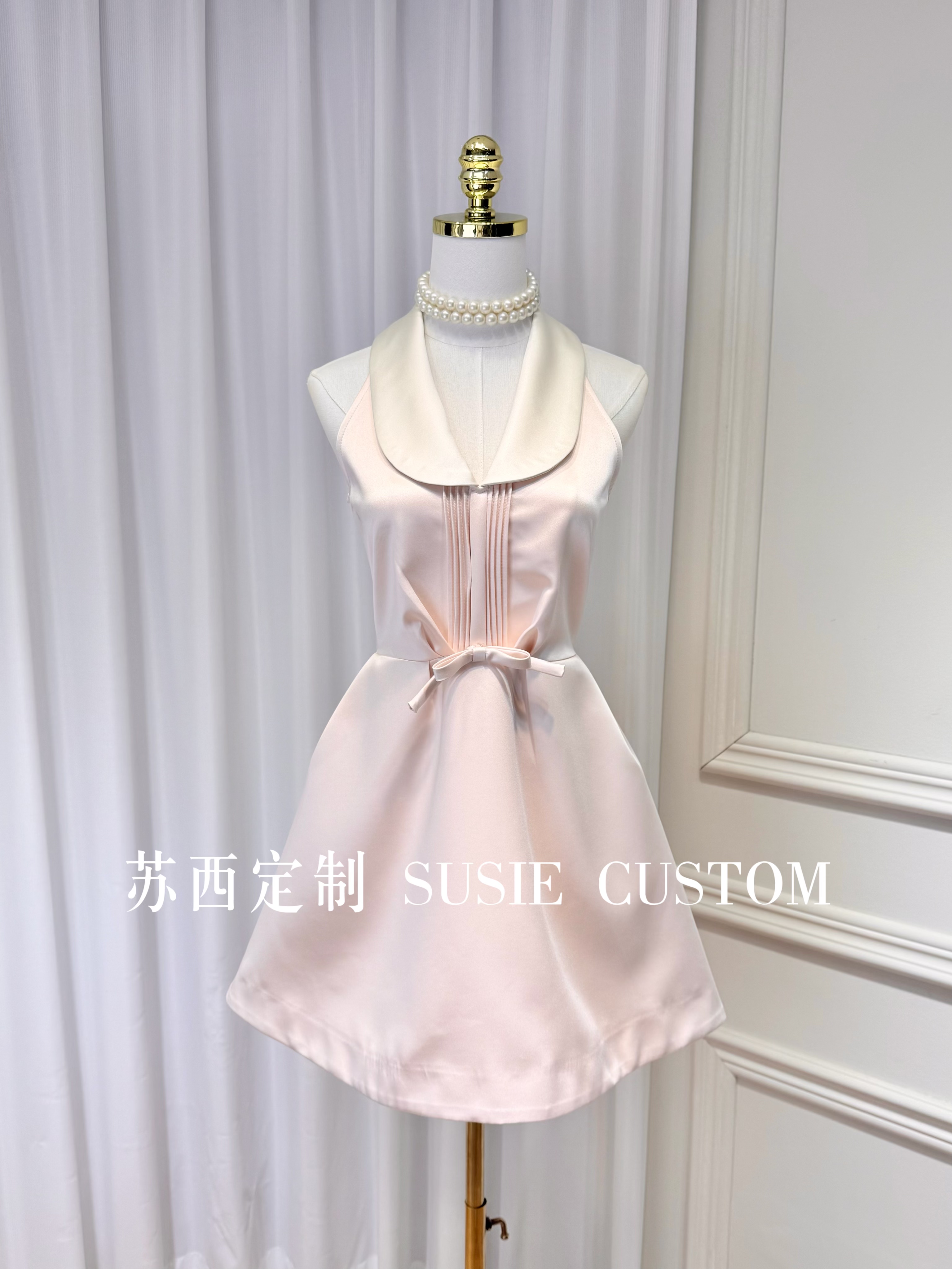 高定法式千金风撞色缎面翻领V领蝴蝶结收腰A摆蓬蓬裙生日礼服裙