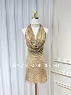 高定设计款纯欲辣妹显身材V领荡领挂脖露背网格烫钻包臀小礼服裙