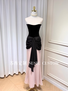 高定小众设计款纯欲风显身材抹胸收腰飘带撞色包臀鱼尾长裙礼服裙