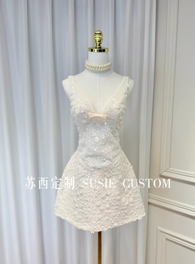 高定轻奢千金公主款深V领蝴蝶结串珠亮片花朵露背A摆生日礼服裙