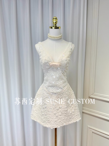 高定轻奢千金公主款深V领蝴蝶结串珠亮片花朵露背A摆生日礼服裙
