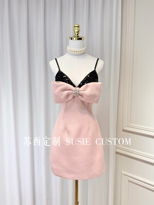 高定轻奢千金风深V领串珠亮片水钻立体大蝴蝶细闪粗花呢吊带礼服