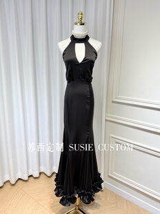 定制设计款 包臀荷叶边鱼尾长裙礼服 显身材深V领挂脖绑带露背修身