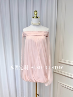 高定设计款 一字肩露肩褶皱光泽直筒花苞短裙度假旅游裙生日礼服裙