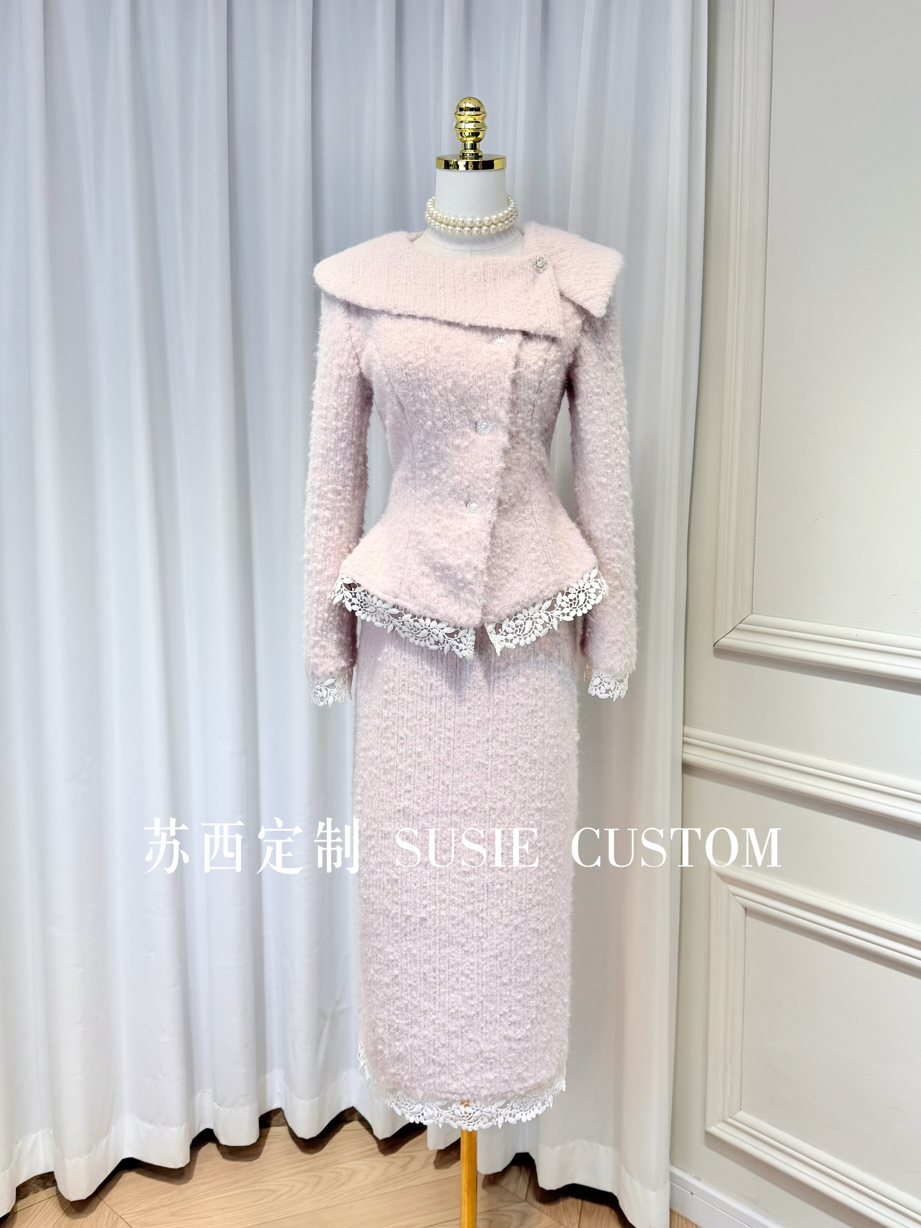 高定名媛千金风珠扣翻领蕾丝花边粗花呢小香外套中长款半裙套装