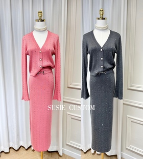 高定重工满钻烫钻V领亮丝线喇叭袖 针织上衣包臀开叉半身长裙套装