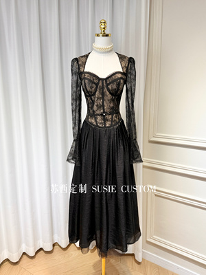 高定制复古宫廷暗黑系带胸垫蕾丝泡泡袖收腰光泽料大摆长裙礼服裙