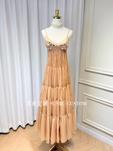 高定轻奢小众设计款V领大亮片串珠微透纱拼接雪纺大摆长裙吊带裙