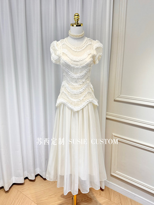 定制法式复古宫廷风泡泡袖编织网纱蕾丝花边拼接大摆长纱裙连衣裙